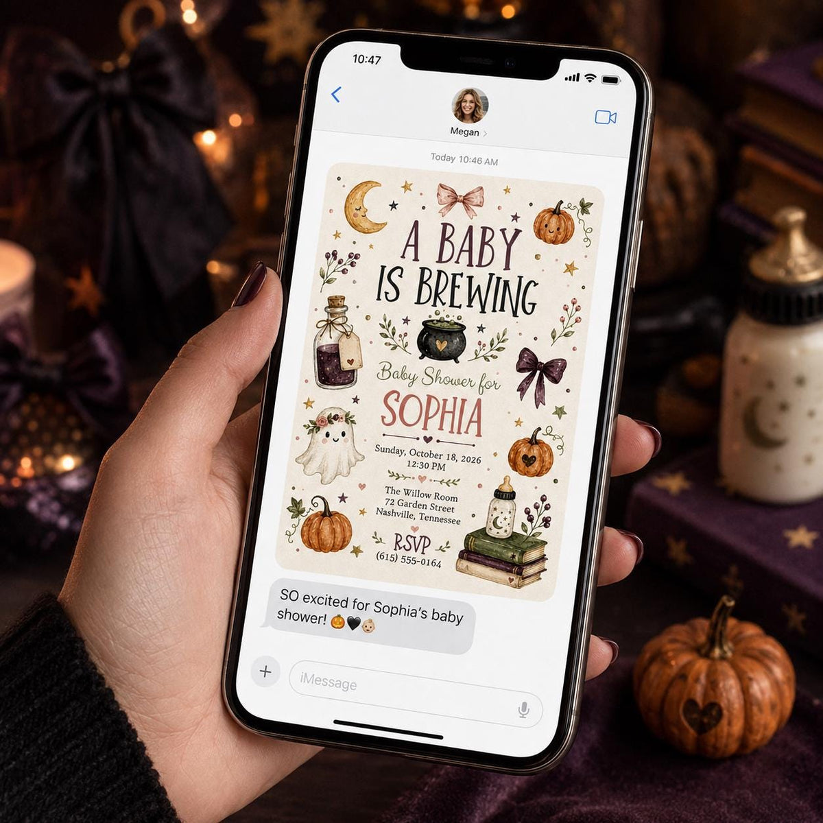 Pumpkin Halloween Baby Shower Invitation: A Baby Is Brewing Witch Pumpkin Girl Shower — digital invitation, instant download