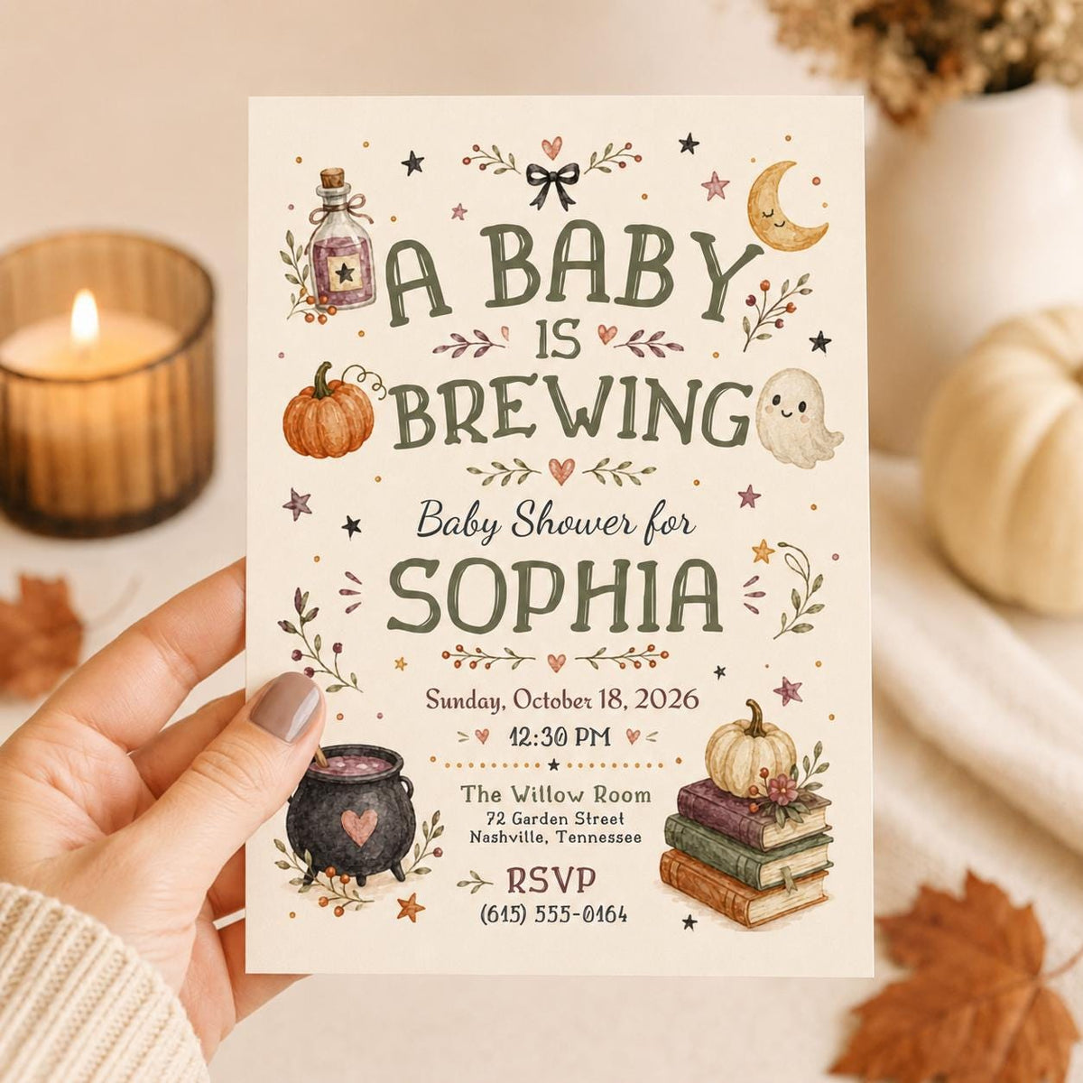 Pumpkin Halloween Baby Shower Invitation: Cute Pumpkin Witch Party — invitation you personalize in Canva