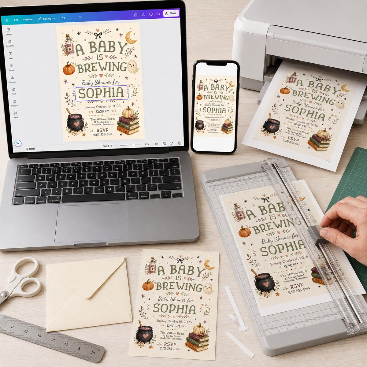 Pumpkin Halloween Baby Shower Invitation: Cute Pumpkin Witch Party — print-ready baby shower design from VoltBy