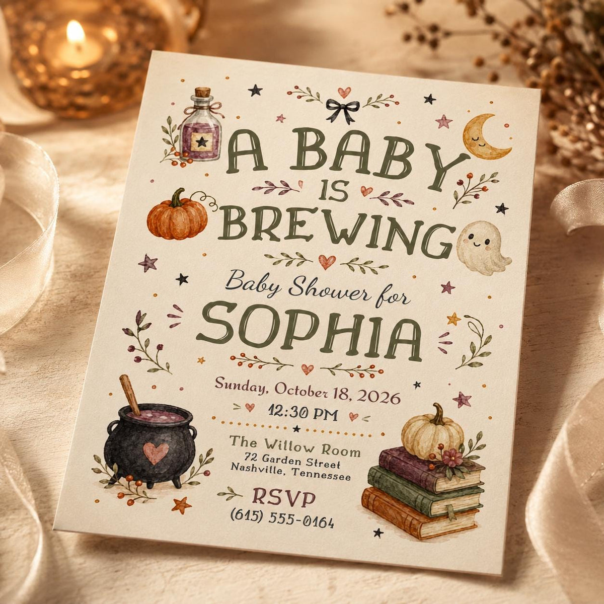 Pumpkin Halloween Baby Shower Invitation: Cute Pumpkin Witch Party — digital invitation, instant download