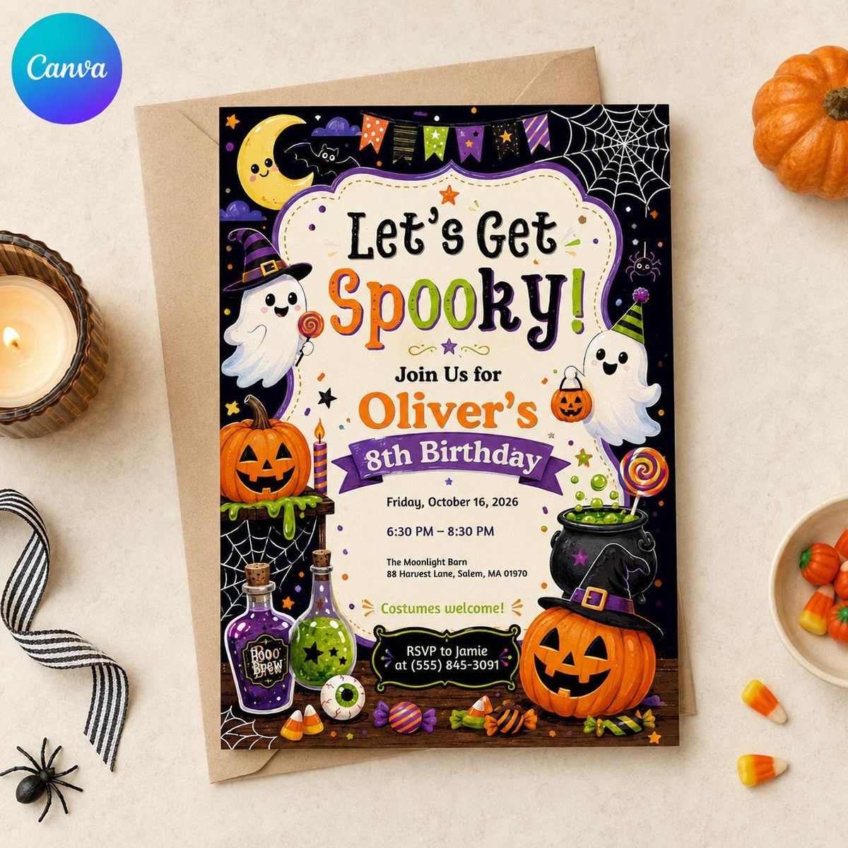 Pumpkin Halloween Birthday Invitation — editable Canva template