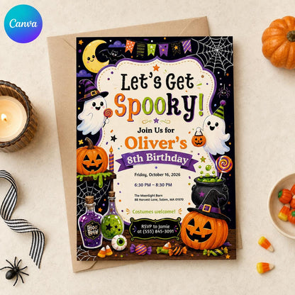Pumpkin Halloween Birthday Invitation — editable Canva template