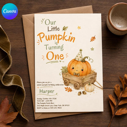 Pumpkin in a Wagon First Birthday Invitation — editable Canva template