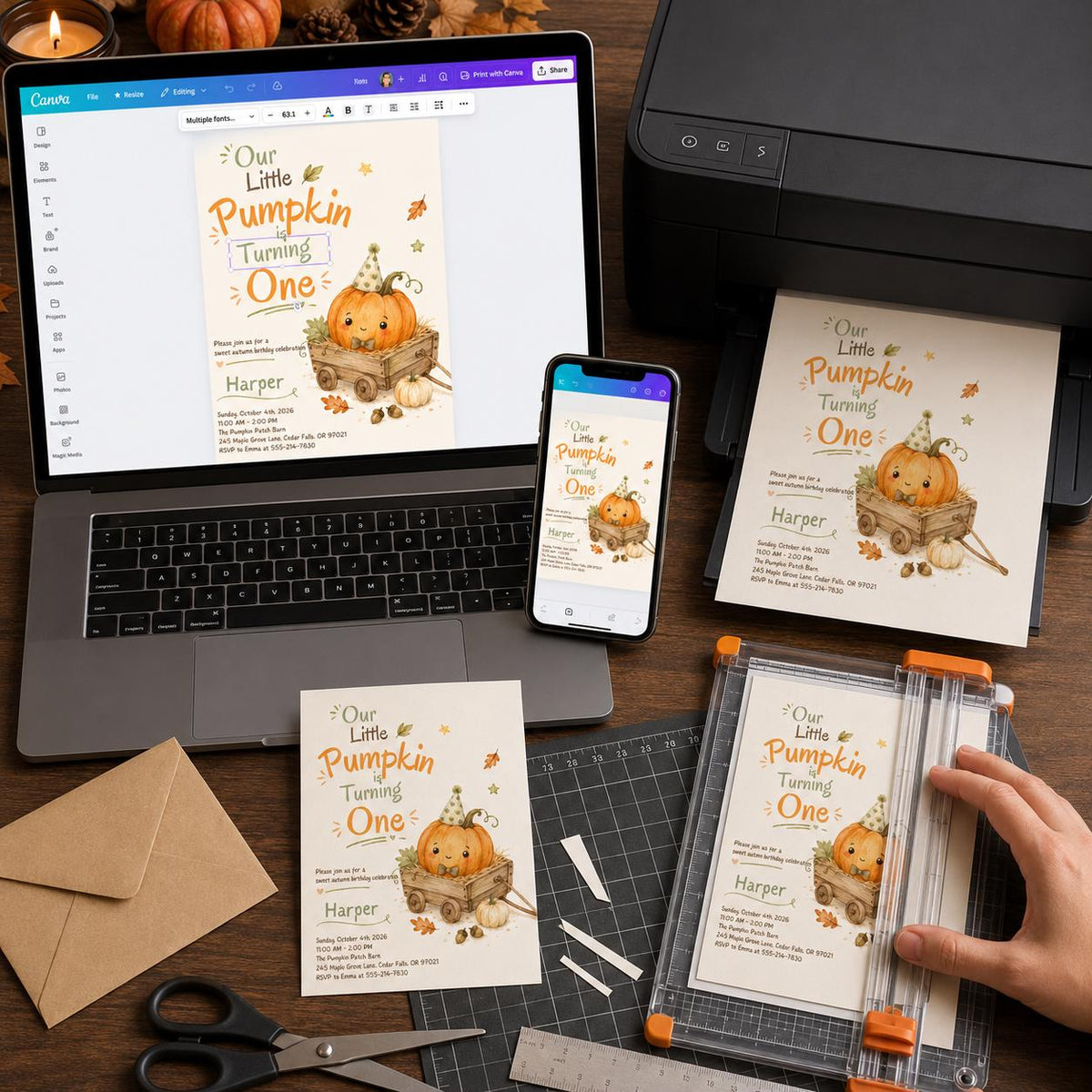 Pumpkin in a Wagon First Birthday Invitation in brown and green