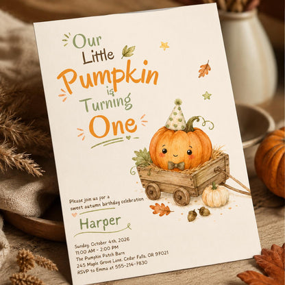 Pumpkin in a Wagon First Birthday Invitation — invitation you personalize in Canva