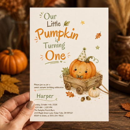 Pumpkin in a Wagon First Birthday Invitation — print-ready first birthday design from VoltBy