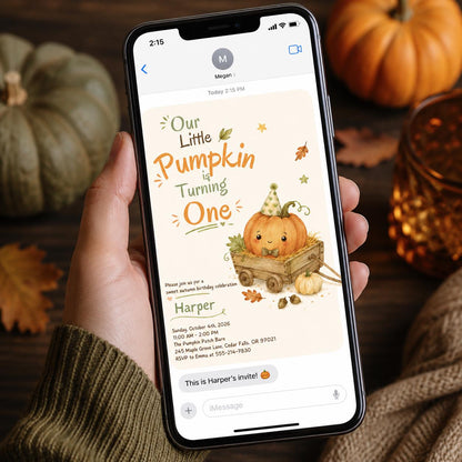 Pumpkin in a Wagon First Birthday Invitation — digital invitation, instant download