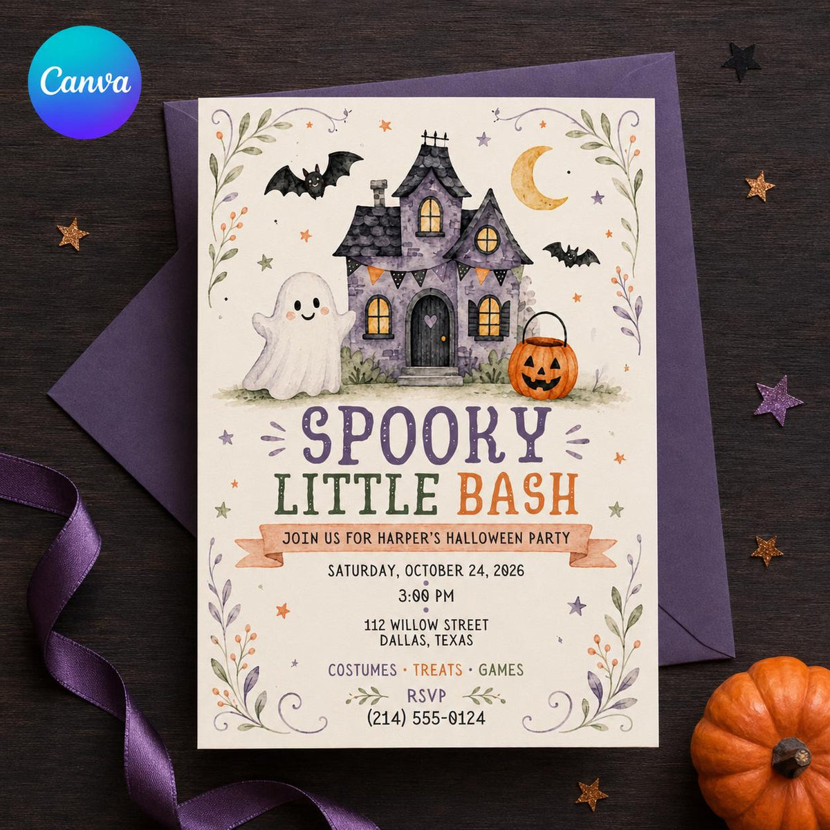 Pumpkin Kids Halloween Party Invitation: Spooky Little Bash Haunted House — editable Canva template