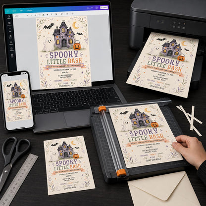 Pumpkin Kids Halloween Party Invitation: Spooky Little Bash Haunted House — print-ready Halloween party design from VoltBy