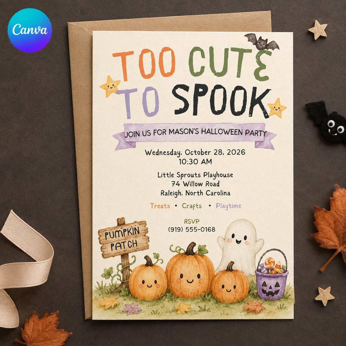 Pumpkin Kids Halloween Party Invitation: Too Cute to Spook Ghost Pumpkin Party — editable Canva template