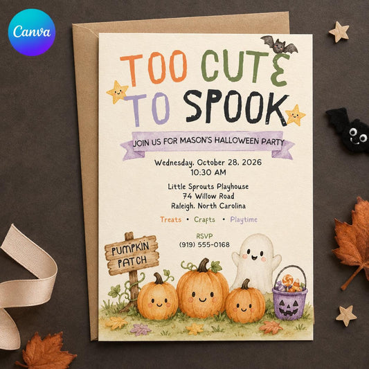 Pumpkin Kids Halloween Party Invitation: Too Cute to Spook Ghost Pumpkin Party — editable Canva template