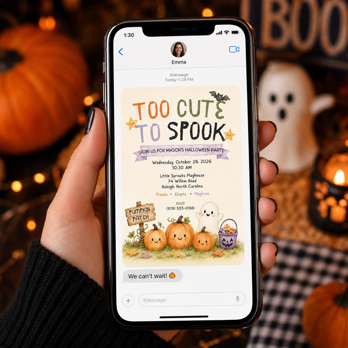 Pumpkin Kids Halloween Party Invitation: Too Cute to Spook Ghost Pumpkin Party — invitation you personalize in Canva
