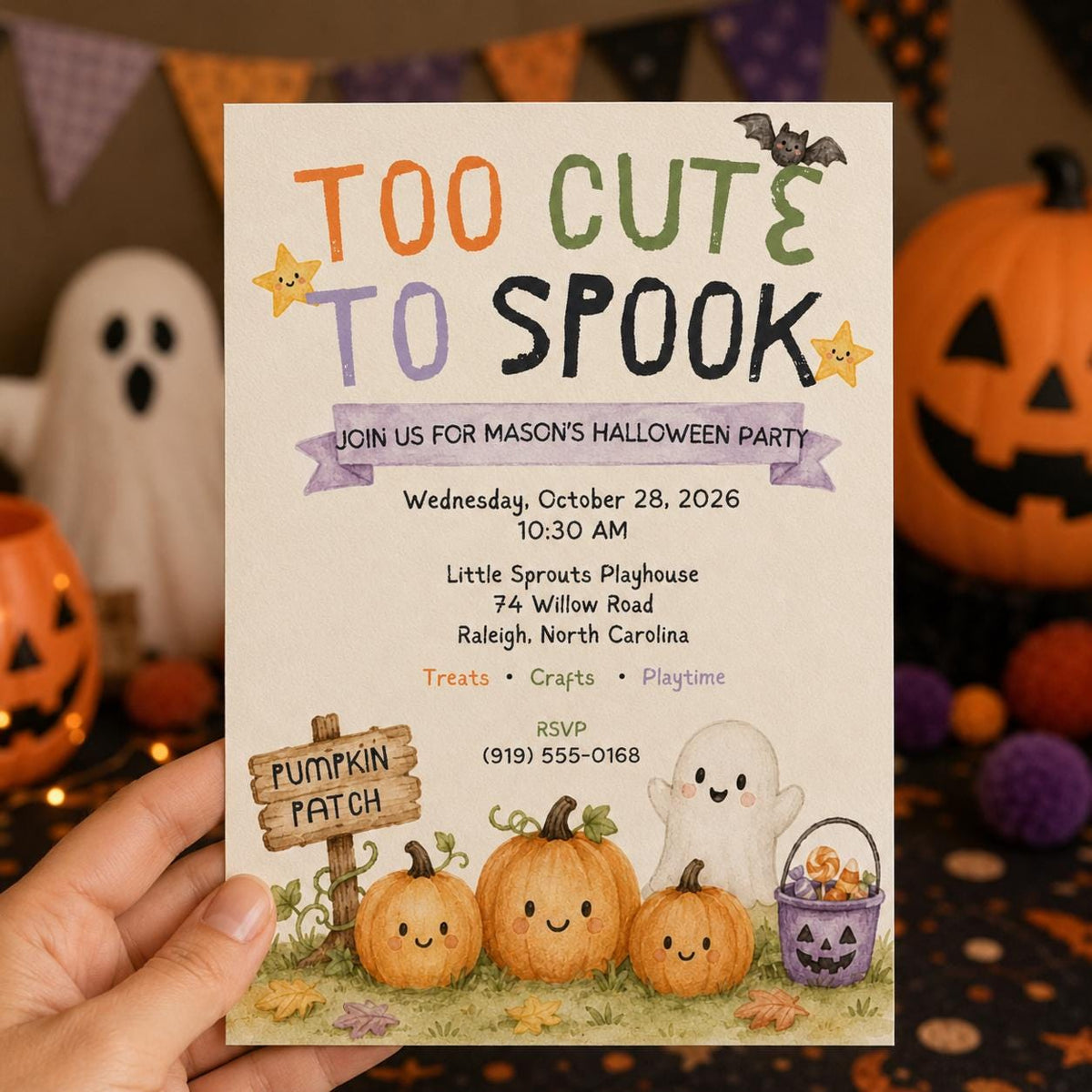 Pumpkin Kids Halloween Party Invitation: Too Cute to Spook Ghost Pumpkin Party — print-ready Halloween party design