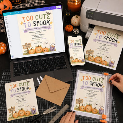 Pumpkin Kids Halloween Party Invitation: Too Cute to Spook Ghost Pumpkin Party — digital invitation, instant download