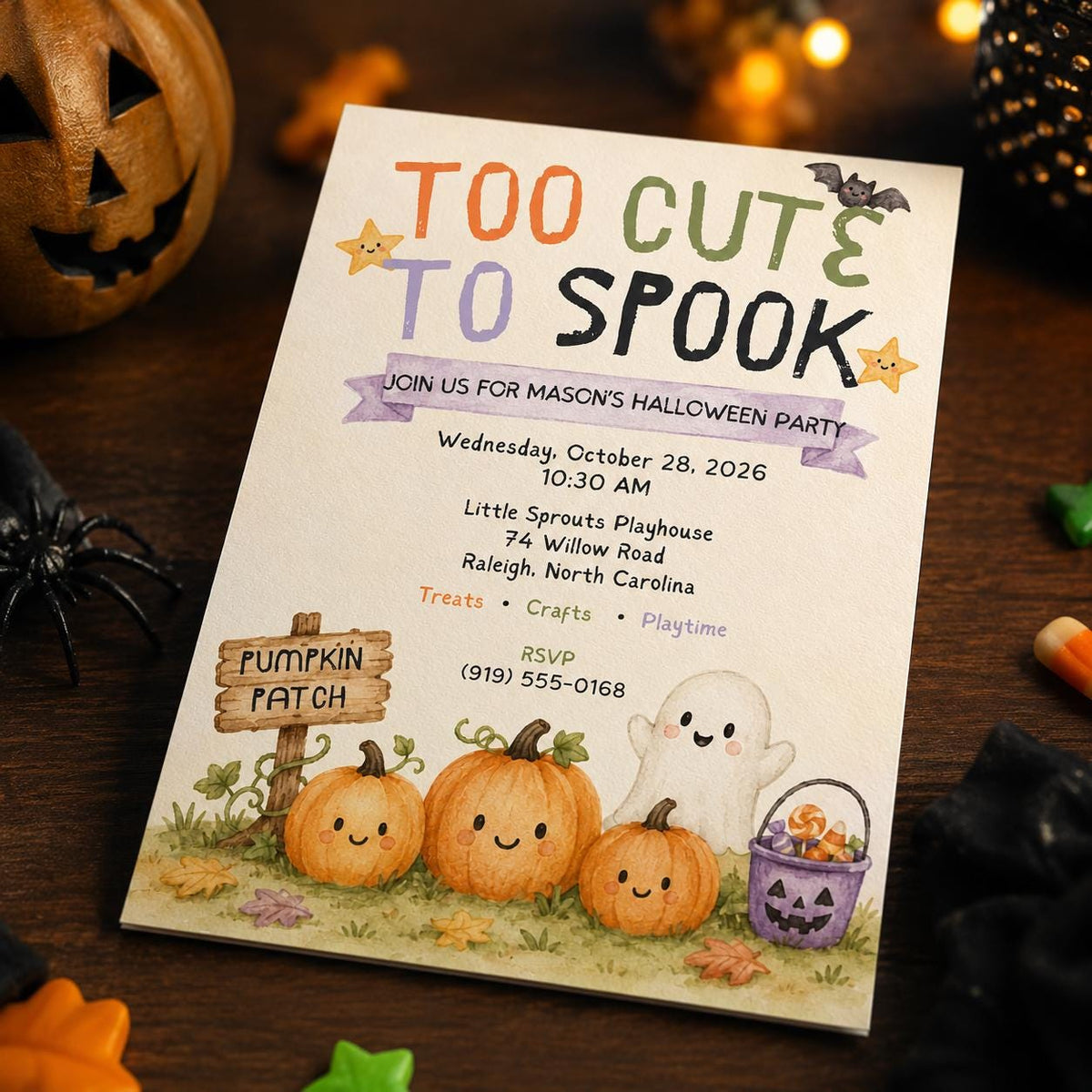 Pumpkin Kids Halloween Party Invitation: Too Cute to Spook Ghost Pumpkin Party — Halloween party stationery by VoltBy