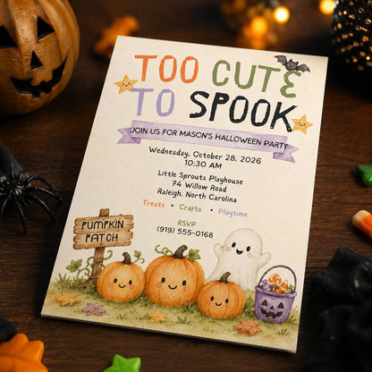 Pumpkin Kids Halloween Party Invitation: Too Cute to Spook Ghost Pumpkin Party — Halloween party stationery by VoltBy