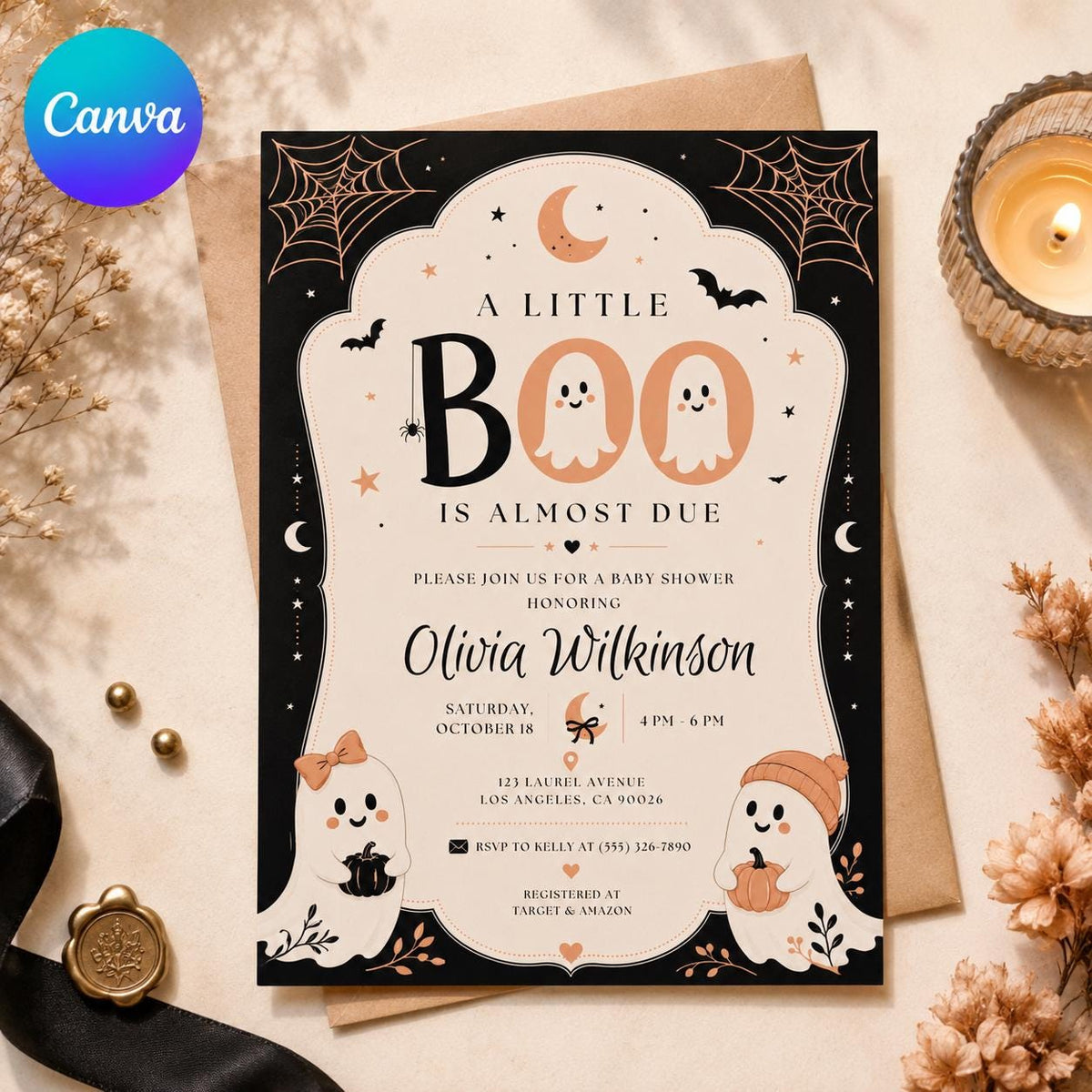 Pumpkin Little Boo Baby Shower Invitation: Halloween Ghost Pumpkin Gender Neutral Party — editable Canva template