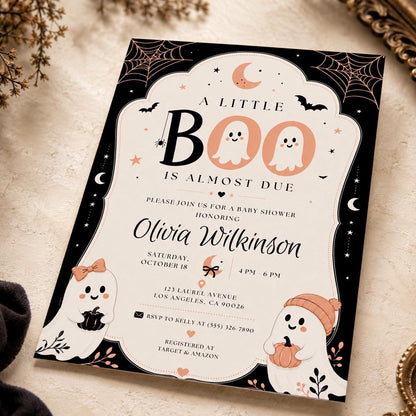 Pumpkin Little Boo Baby Shower Invitation: Halloween Ghost Pumpkin Gender Neutral Party — invitation you personalize in Canva