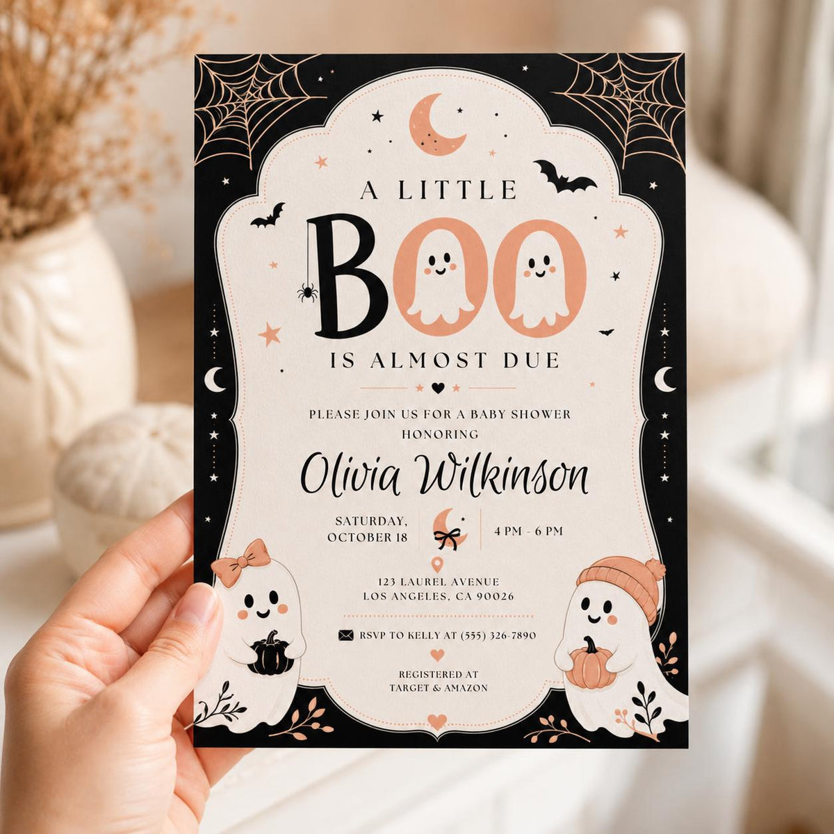 Pumpkin Little Boo Baby Shower Invitation: Halloween Ghost Pumpkin Gender Neutral Party — digital invitation, instant