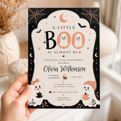 Pumpkin Little Boo Baby Shower Invitation: Halloween Ghost Pumpkin Gender Neutral Party — digital invitation, instant