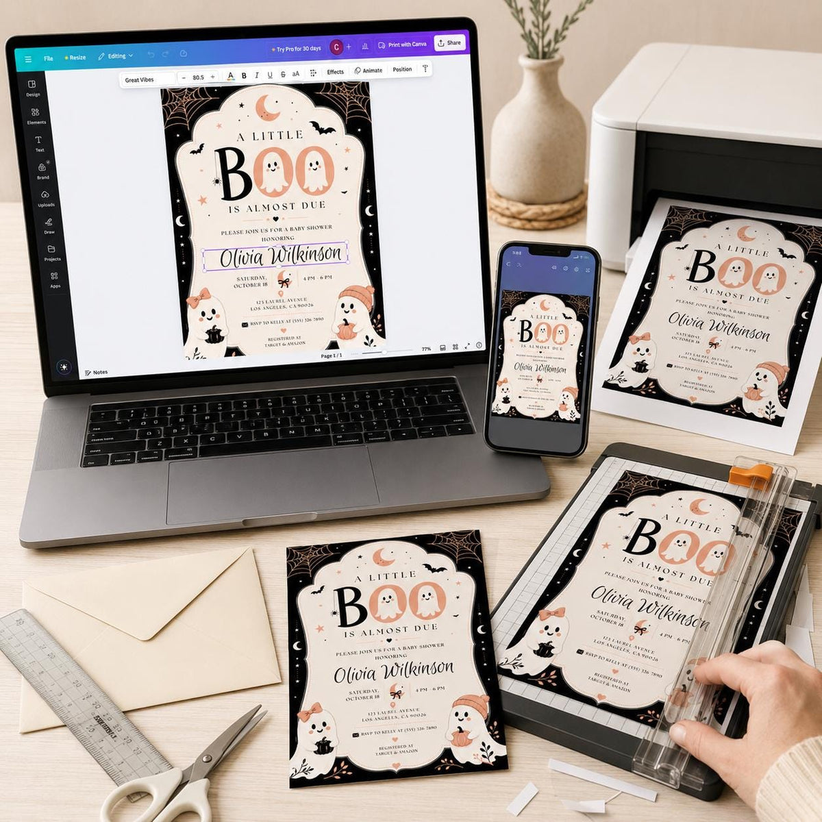 Pumpkin Little Boo Baby Shower Invitation: Halloween Ghost Pumpkin Gender Neutral Party — baby shower stationery by VoltBy