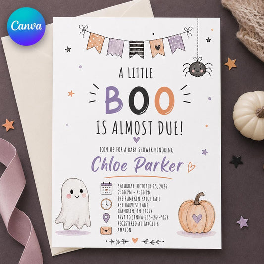 Pumpkin Little Boo Baby Shower Invitation: Halloween Ghost Pumpkin Party — editable Canva template