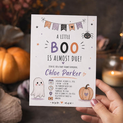 Pumpkin Little Boo Baby Shower Invitation: Halloween Ghost Pumpkin Party — print-ready baby shower design from VoltBy