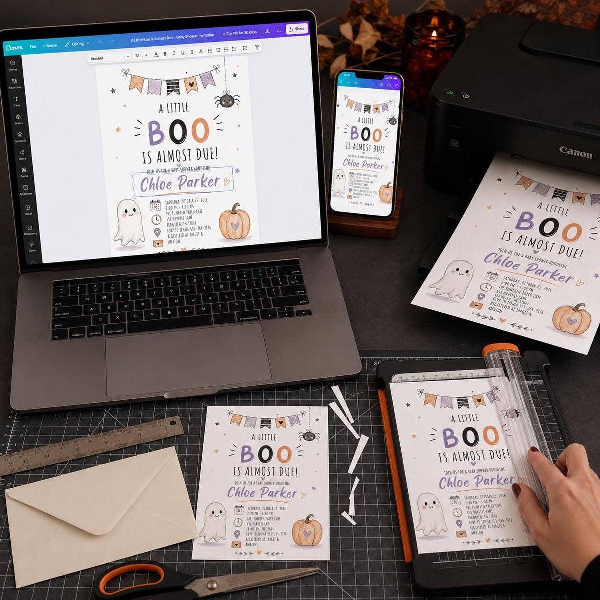 Pumpkin Little Boo Baby Shower Invitation: Halloween Ghost Pumpkin Party — digital invitation, instant download