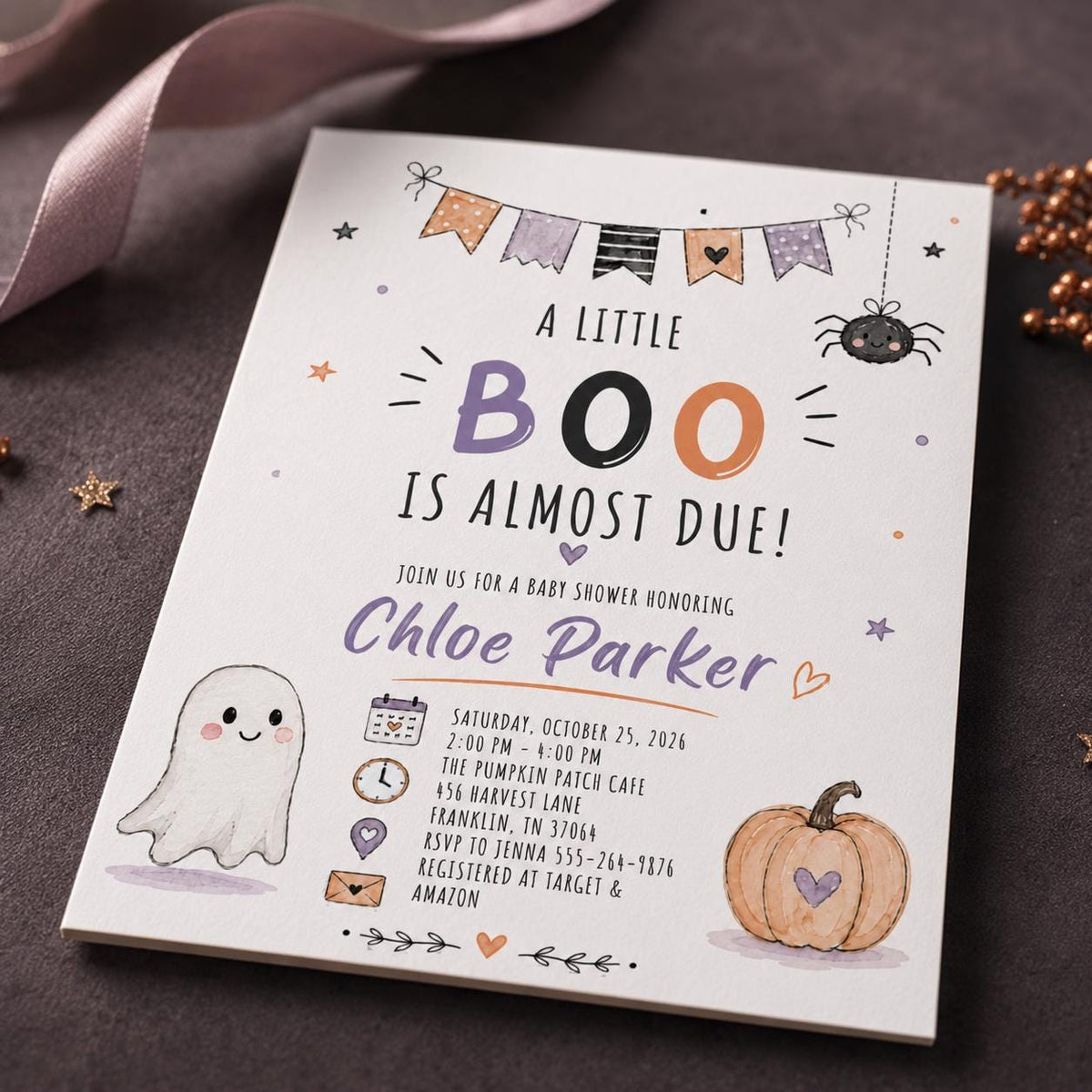 Pumpkin Little Boo Baby Shower Invitation: Halloween Ghost Pumpkin Party — baby shower stationery by VoltBy