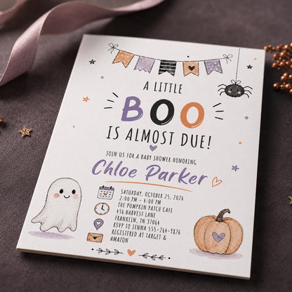 Pumpkin Little Boo Baby Shower Invitation: Halloween Ghost Pumpkin Party — baby shower stationery by VoltBy