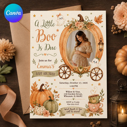 Pumpkin Little Boo Is Due Baby Shower Invitation — editable Canva template