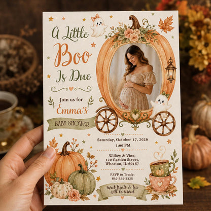 Pumpkin Little Boo Is Due Baby Shower Invitation — invitation you personalize in Canva