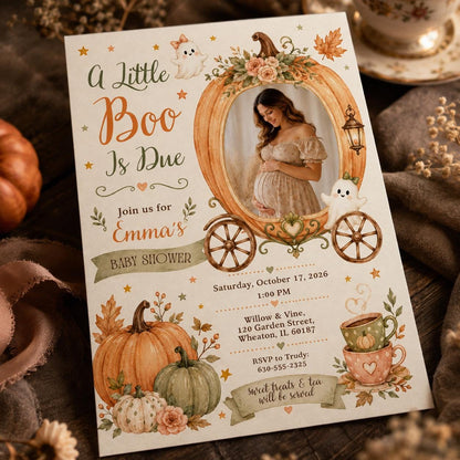 Pumpkin Little Boo Is Due Baby Shower Invitation — digital invitation, instant download