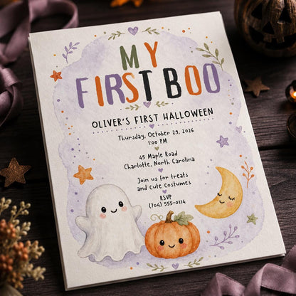 Pumpkin My First Boo Halloween Invitation — digital invitation, instant download