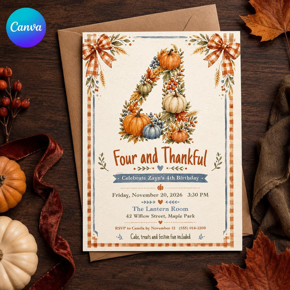 Pumpkin Thanksgiving 4th Birthday Invitation — editable Canva template