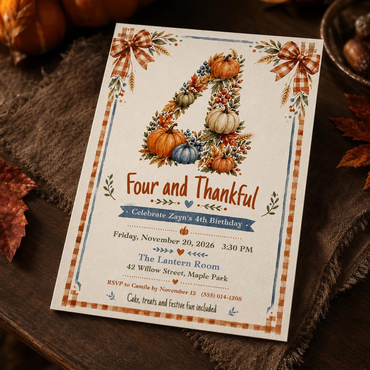 Pumpkin Thanksgiving 4th Birthday Invitation — invitation you personalize in Canva