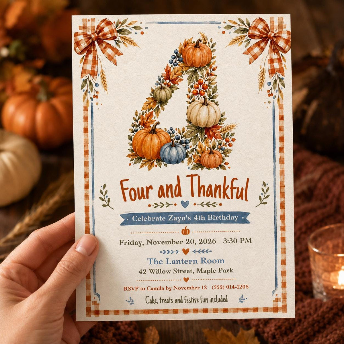 Pumpkin Thanksgiving 4th Birthday Invitation — print-ready 4th birthday party design from VoltBy