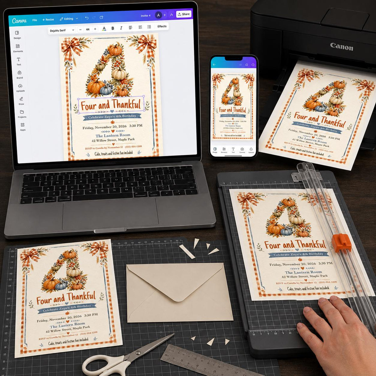 Pumpkin Thanksgiving 4th Birthday Invitation — digital invitation, instant download