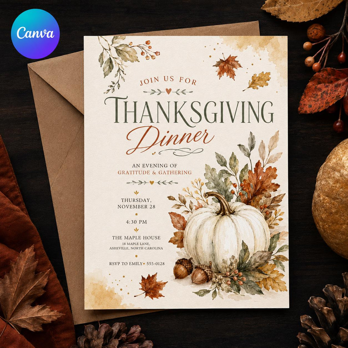 Pumpkin Thanksgiving Dinner Invitation — editable Canva template