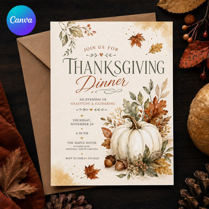 Pumpkin Thanksgiving Dinner Invitation — editable Canva template