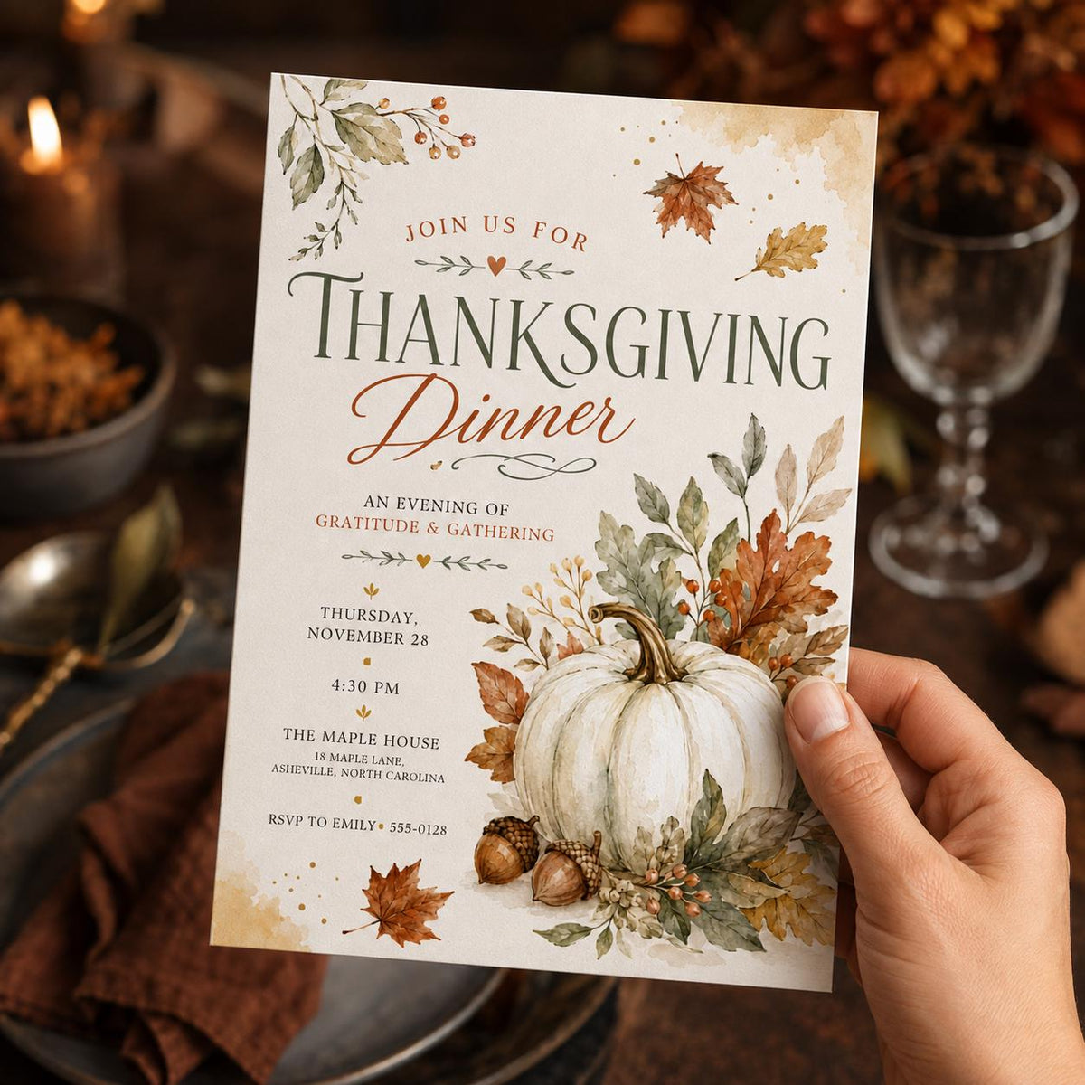 Pumpkin Thanksgiving Dinner Invitation — print-ready Thanksgiving gathering design from VoltBy