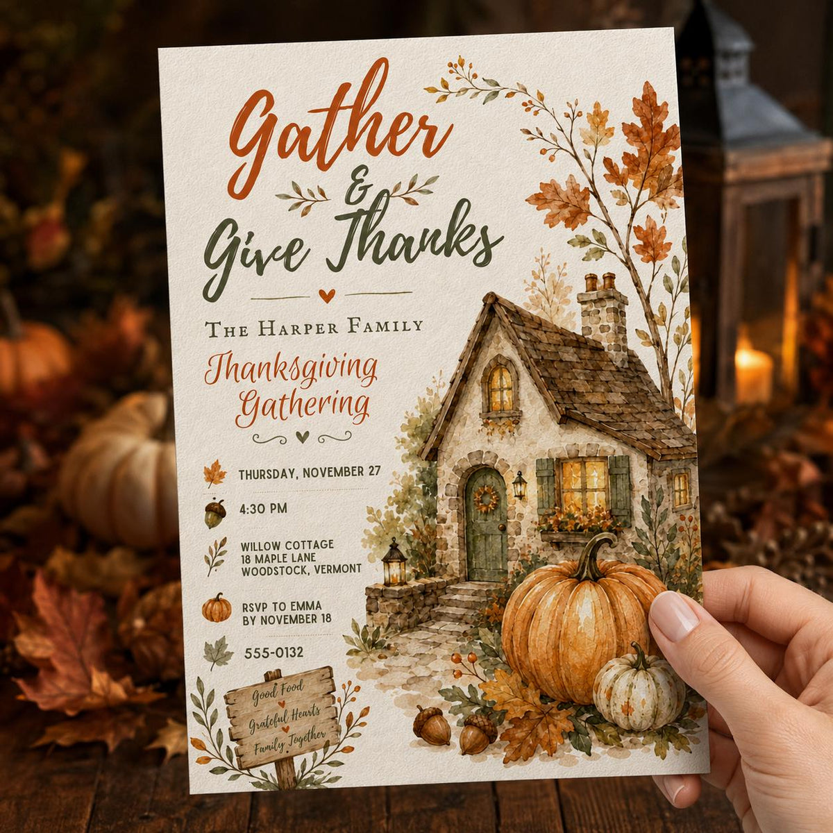 Pumpkin Thanksgiving Invitation — print-ready Thanksgiving gathering design from VoltBy