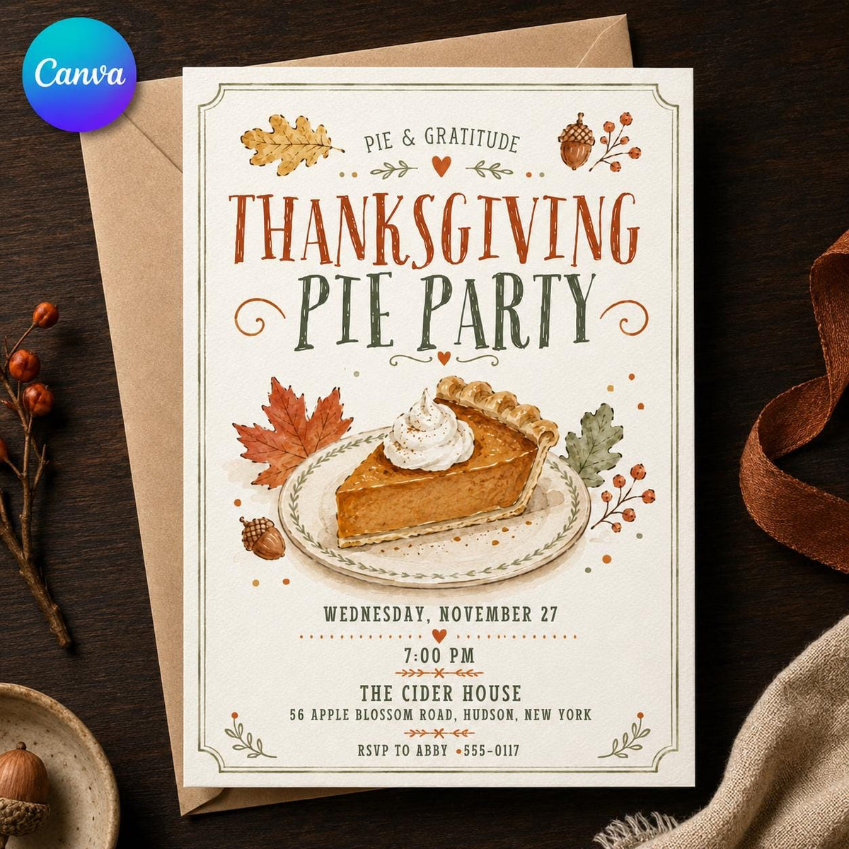 Pumpkin Thanksgiving Pie Party Invitation — editable Canva template