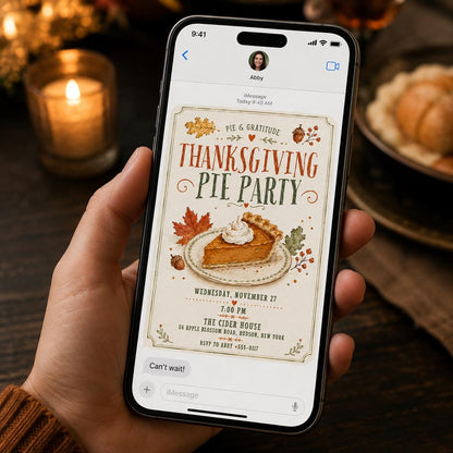 Pumpkin Thanksgiving Pie Party Invitation — invitation you personalize in Canva