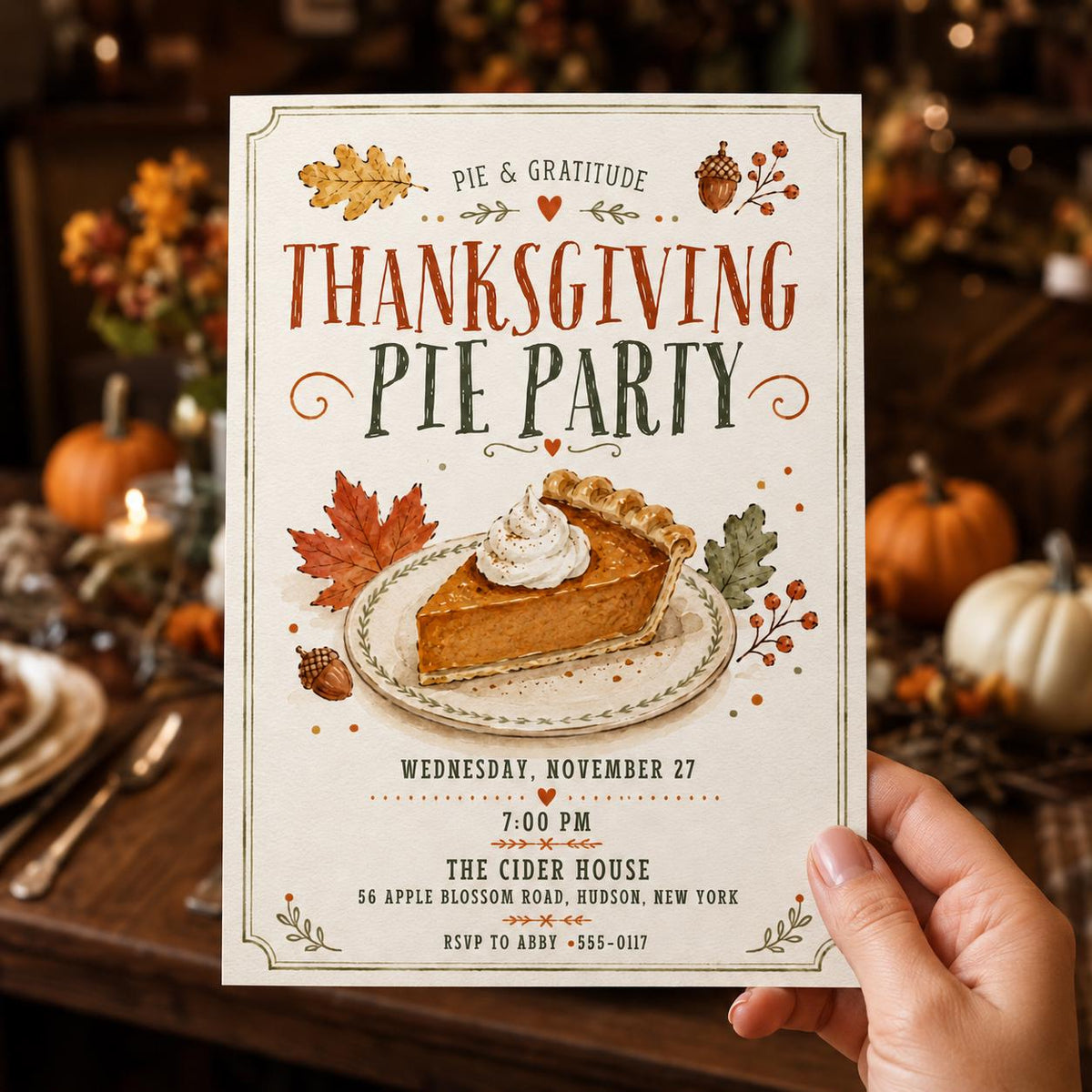 Pumpkin Thanksgiving Pie Party Invitation — print-ready Thanksgiving gathering design from VoltBy