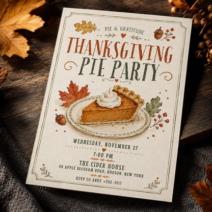Pumpkin Thanksgiving Pie Party Invitation — Thanksgiving gathering stationery by VoltBy