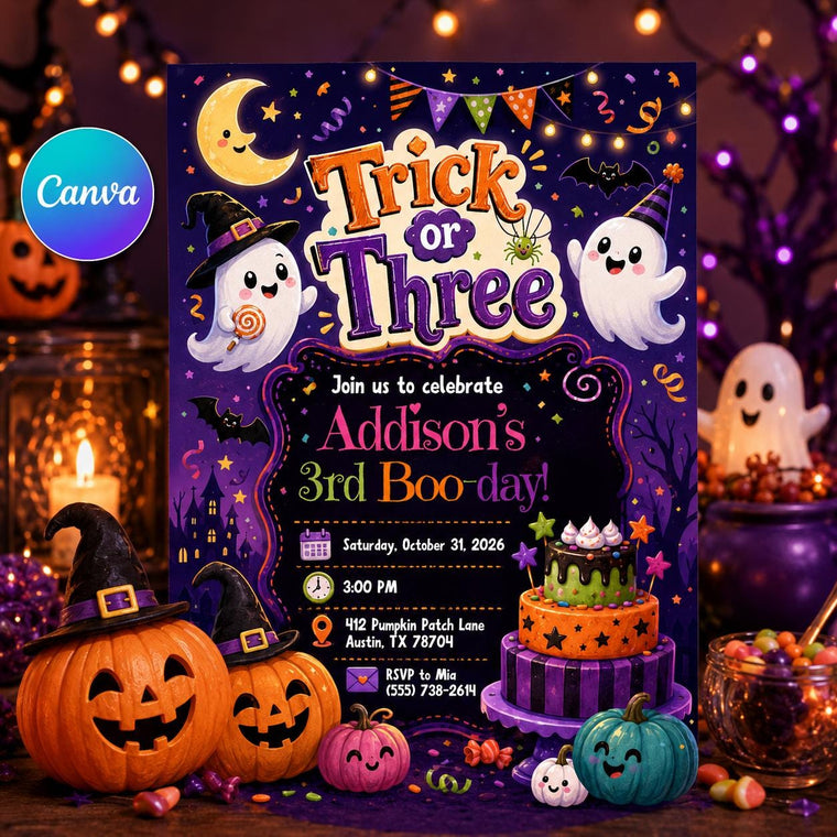 Pumpkin Trick or Three Birthday Invitation