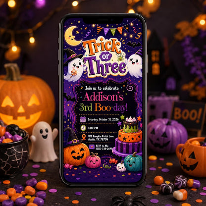 Pumpkin Trick or Three Birthday Invitation — invitation you personalize in Canva