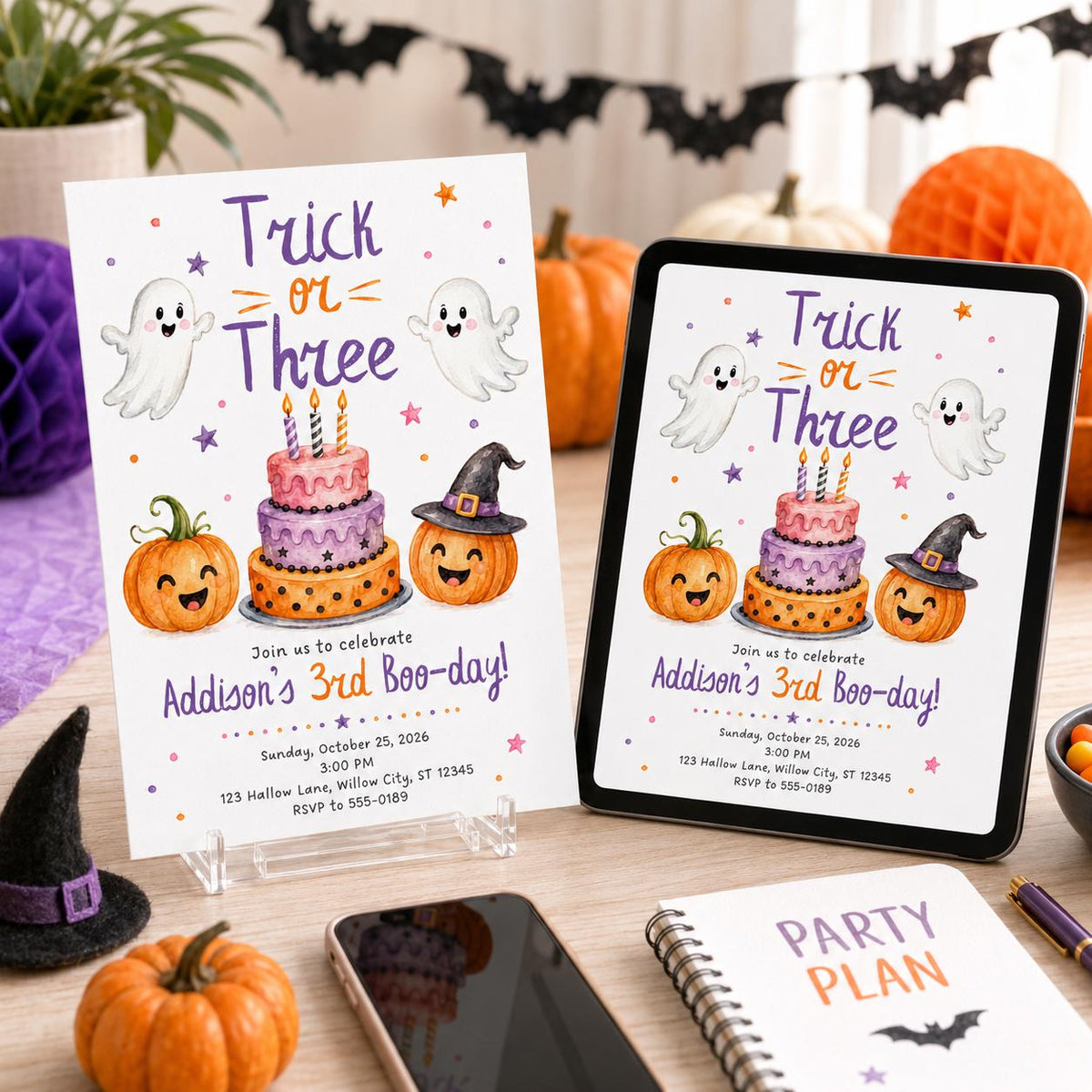 Pumpkin Trick or Three Invitation for Girls — invitation you personalize in Canva