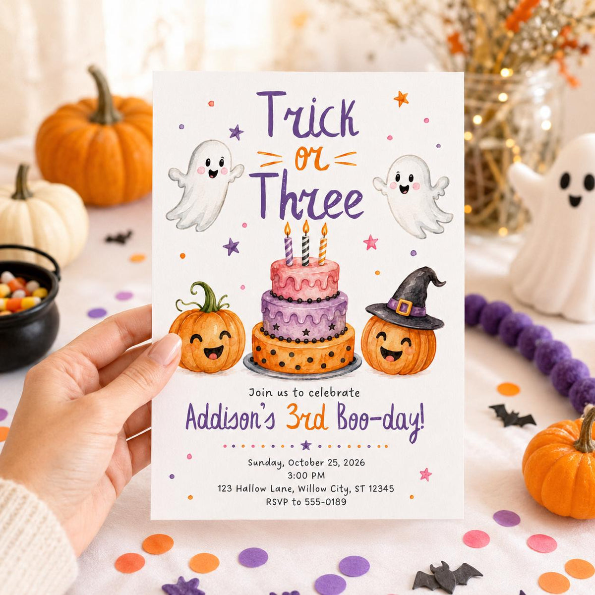Pumpkin Trick or Three Invitation for Girls — print-ready 3rd birthday party design from VoltBy